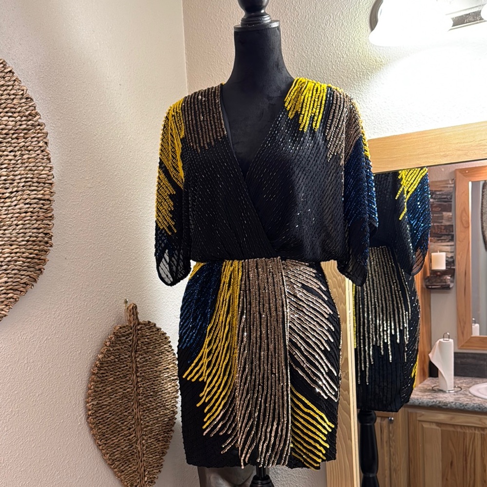 Gianni Bini Black and Gold Sequin Midi Dress